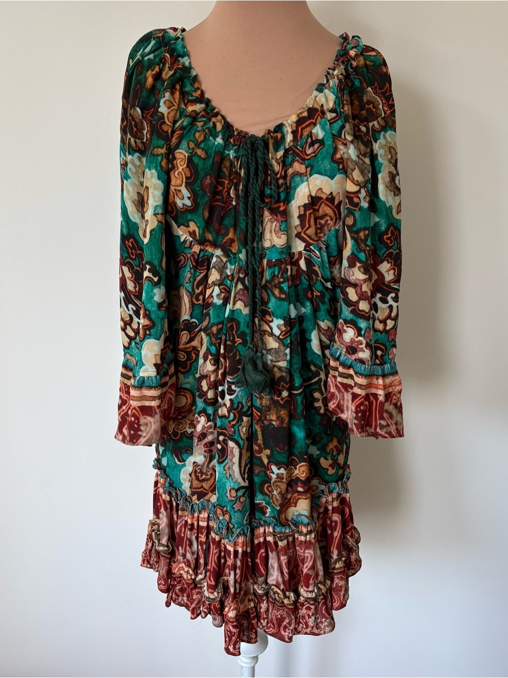 Anthropologie TRYB 212 Baja Multicolor Tassel 3/4 Sleeve Silk Swing Dress EUC XS